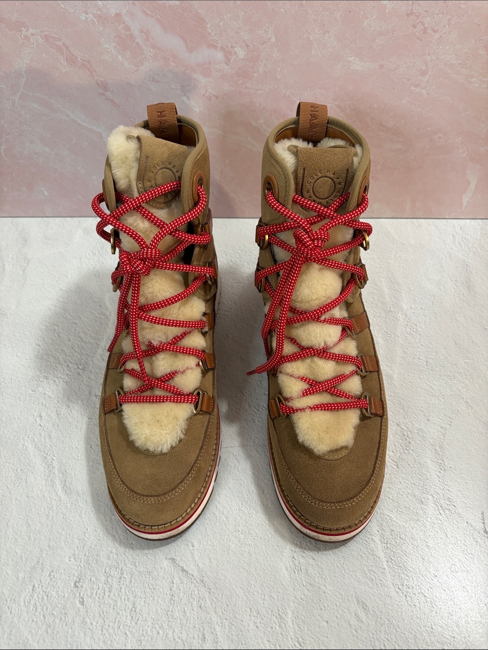 Cole Haan Tan Suede Shearling-Trim Winter Hiker Boots with Red Laces